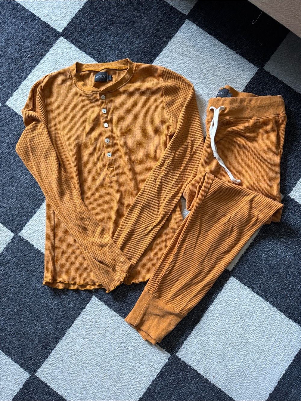 WSLY Golden Mustard Waffle Henley Lounge Set